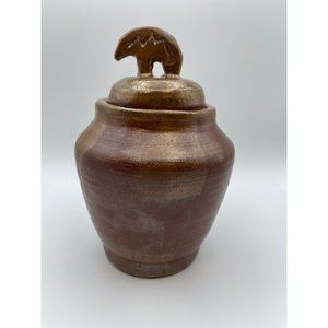 Remarkable Stoneware Pottery, Unique Bear & Mountains Lid, Artist Signed